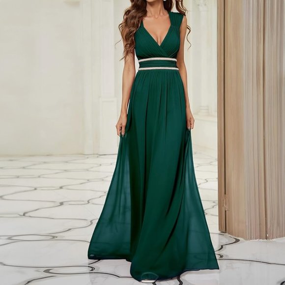 Ever-Pretty Women's Chiffon V Neck Cap Sleeve Backless Gown in Deep Green - Picture 16 of 16